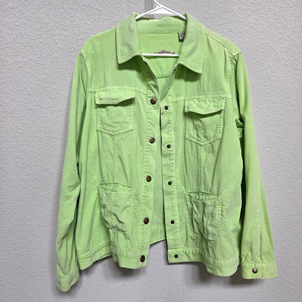 Caribbean Joe Corduroy Jacket Womens 1X Lime Green Snap Casual Cotton Layering